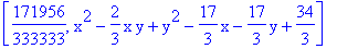 [171956/333333, x^2-2/3*x*y+y^2-17/3*x-17/3*y+34/3]